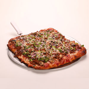 Sicilian Pizza w/Pepperoni, Sausage, Mushrooms, Green Peppers, Red Onions & Extra Cheese